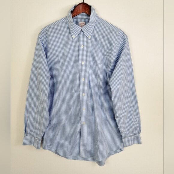 Brooks Brothers The Original Polo Shirt Blue Check Mens Large Non Iron - Picture 1 of 6